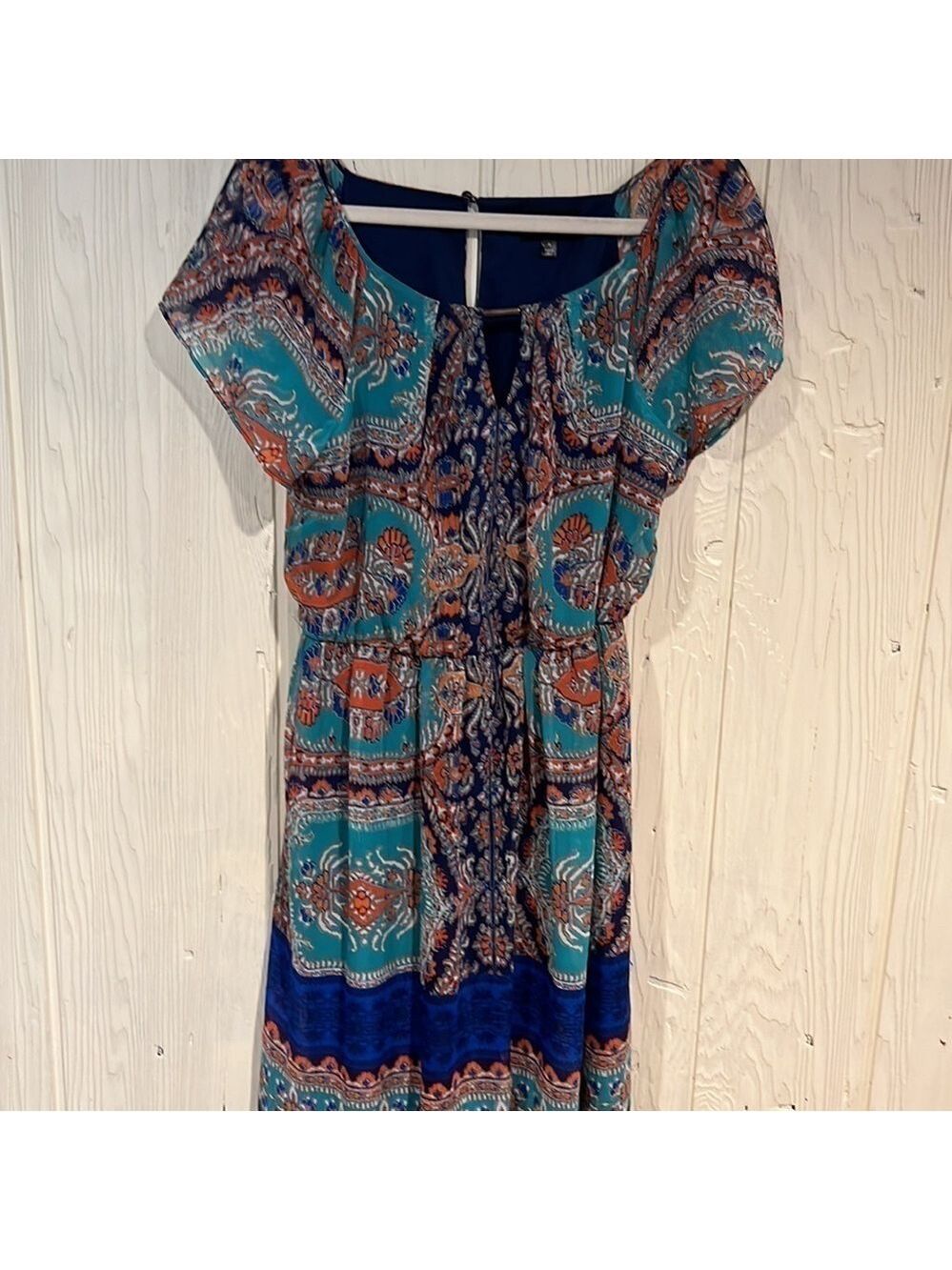 Auw Short Sleeve Key Hole Front Elastic Waist Boho print Dress size medium - Picture 2 of 12